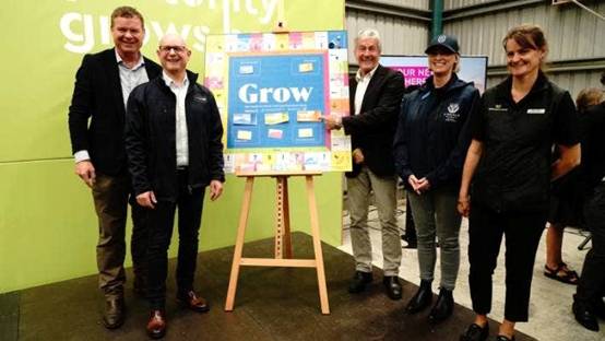 The new Grow board game was officially launched at the Fieldays Opportunity Grows Here Careers Hub to help agri students develop their knowledge. From left: Rabobank chief executive, Todd Charteris, Ray Smith MPI, Minister of Agriculture Damien O'Connor, Jaime Shone Lincoln University and Kerry Allen Agribusiness in Schools Programme at the Grow launch event.
